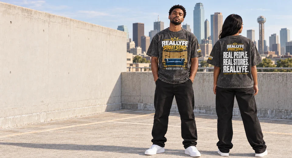 Reallyfe Where Legends Sit campaign: Snow Wash front and Mineral Wash back, photographed as a Dallas rooftop concept