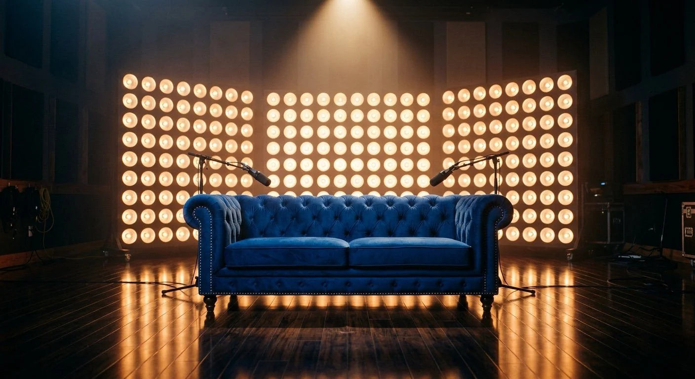 The Reallyfe blue couch beneath the glowing studio light wall